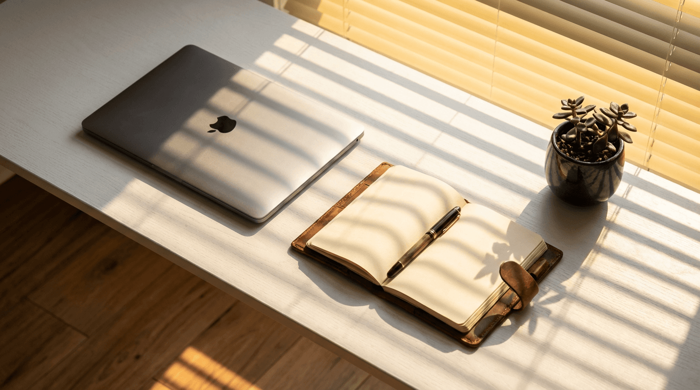 A consultant's desk with a laptop and notebook in a quiet office with natural light and shadows