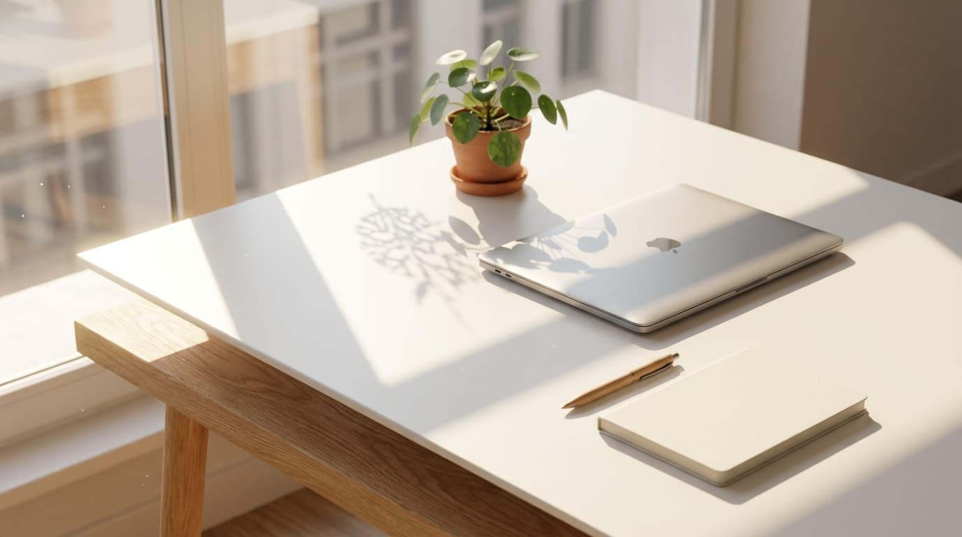 A single wooden desk with a laptop, notepad, and pen in a modern office with natural light from a window