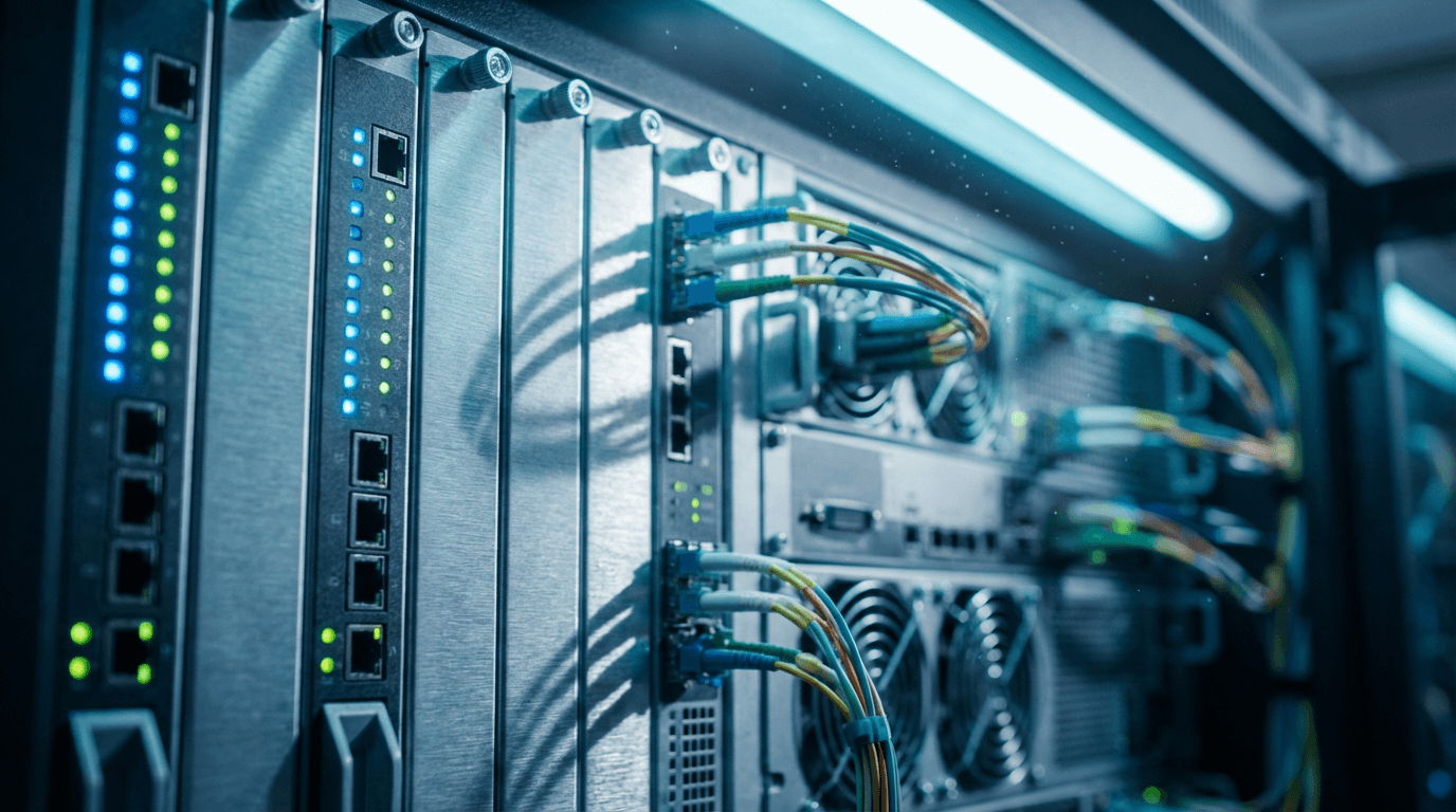 Server rack with cable management and indicator lights
