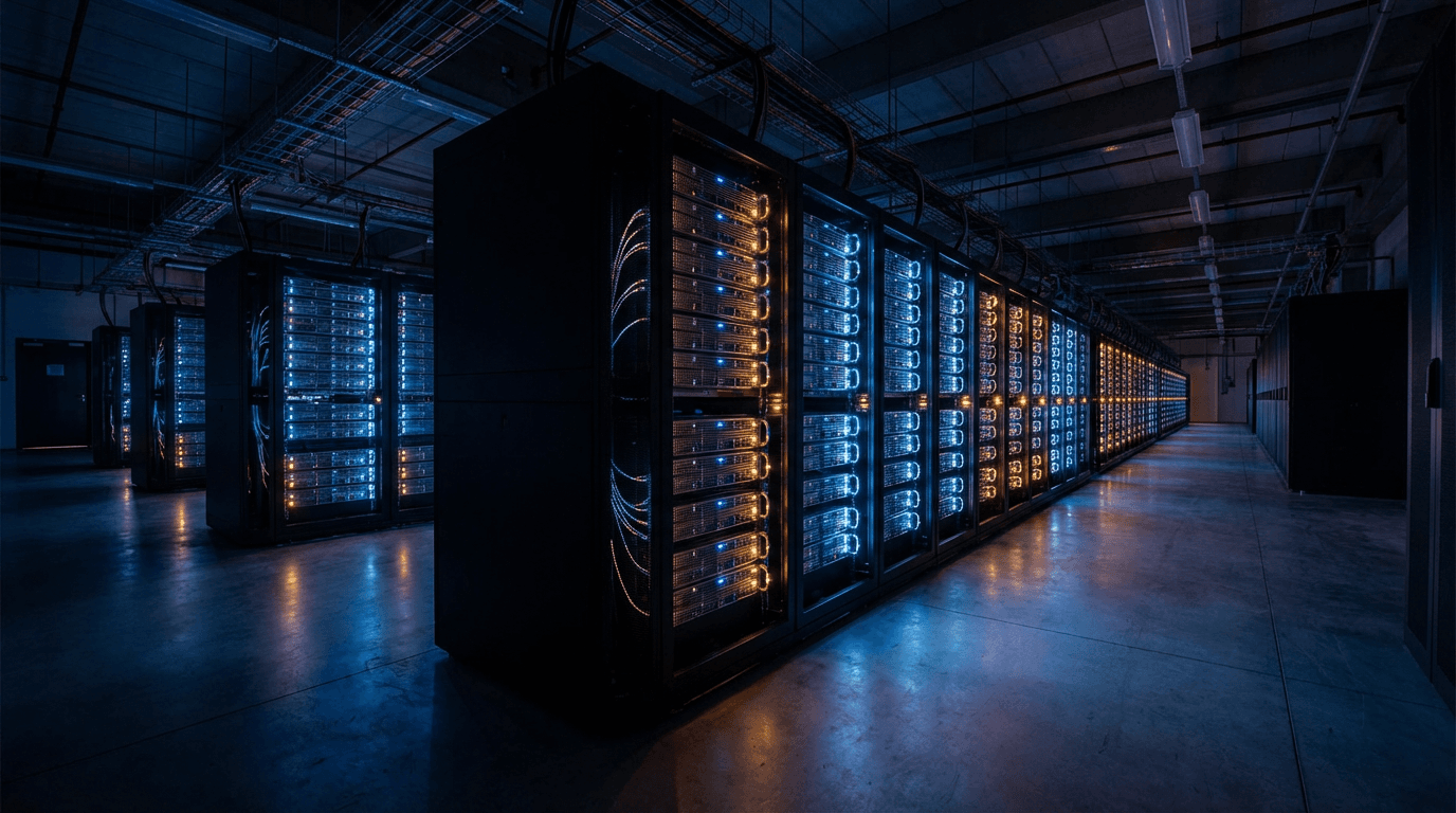 IT consultant in a dim server room pointing at a cable run
