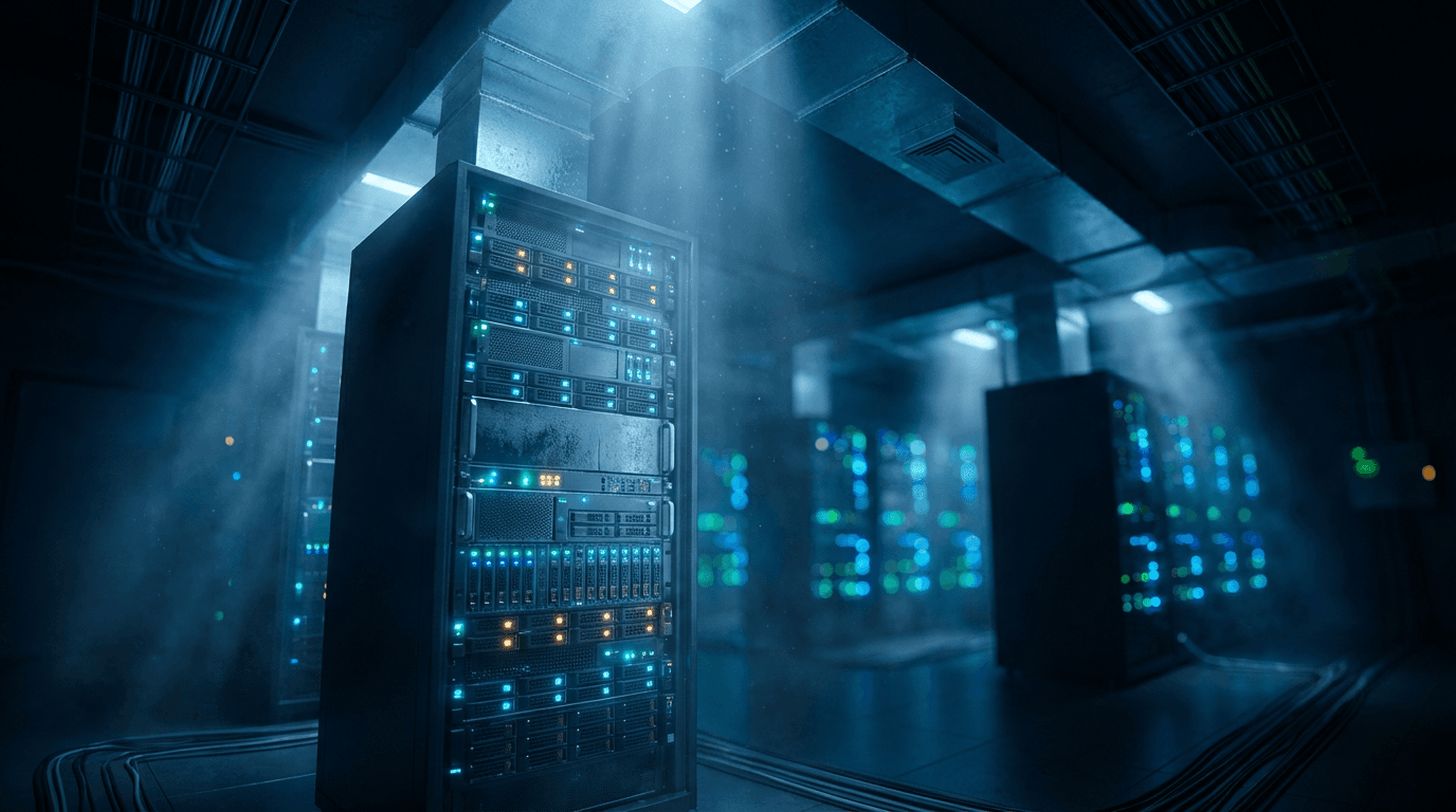 A dimly lit data center corridor lined with rows of glowing server racks.