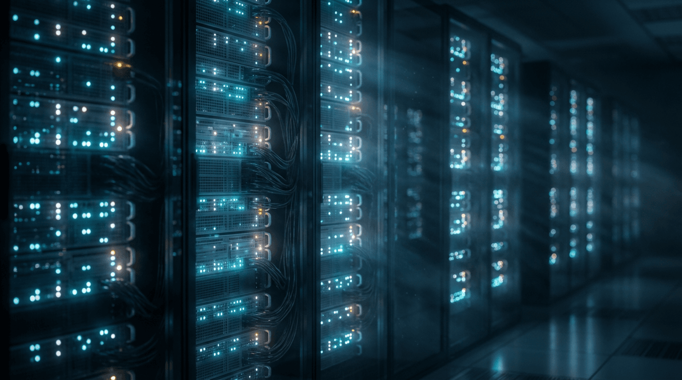 Server room corridor with a single consultant in a blazer facing racks of equipment