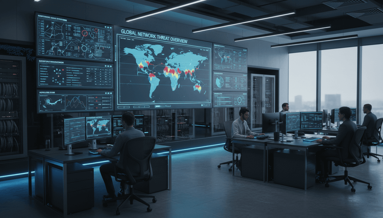 Empty security operations center with multiple monitors